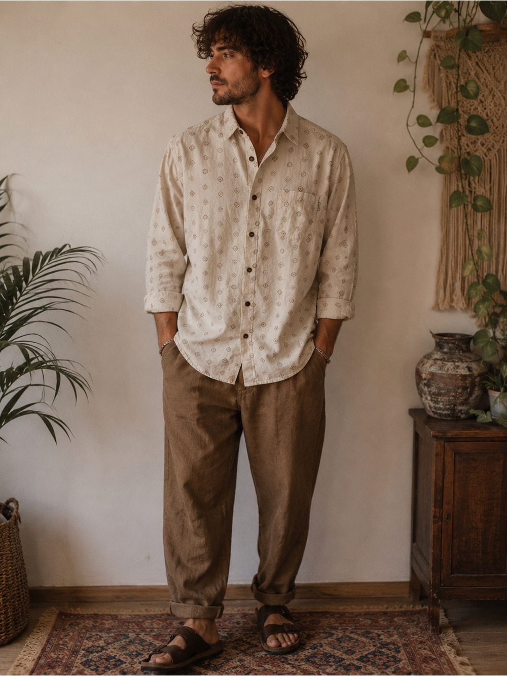 Rhythm Linen Cotton Boho Button Up Shirt Men Medium Coastal Business Casual